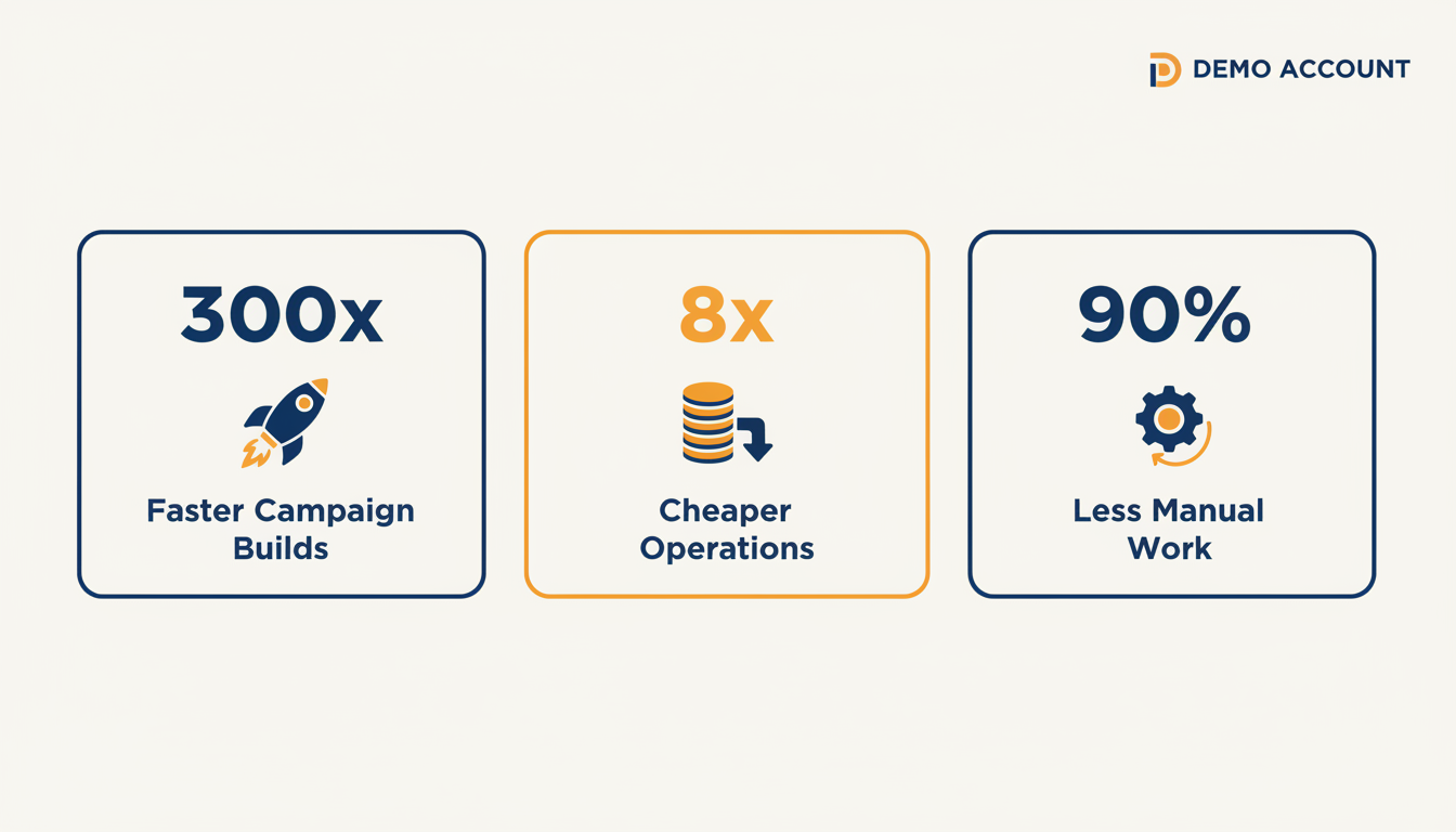 A clean and modern infographic with three main sections. Each section has a large, bold number: '300x', '8x', and '90%'. Below each number, use a clear icon and text: 'Faster Campaign Builds', 'Cheaper Operations', and 'Less Manual Work'. Use the brand's primary colors #174e72 and #dd8e38 for visual impact against an off-white #f5f7f6 background. Aspect ratio: 16:9.
