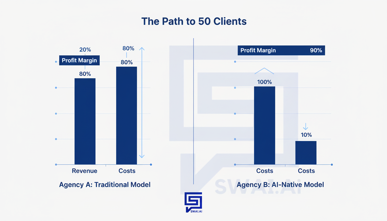 A clean, side-by-side bar chart infographic titled 'The Path to 50 Clients'. On the left, 'Agency A: Traditional Model' shows revenue and costs growing almost in parallel, with a small, flat profit margin bar. On the right, 'Agency B: AI-Native Model' shows revenue soaring while the cost bar remains low and flat, resulting in a dramatically larger profit margin bar. Use clear labels and percentages to highlight the difference in profitability. Aspect ratio: 16:9.