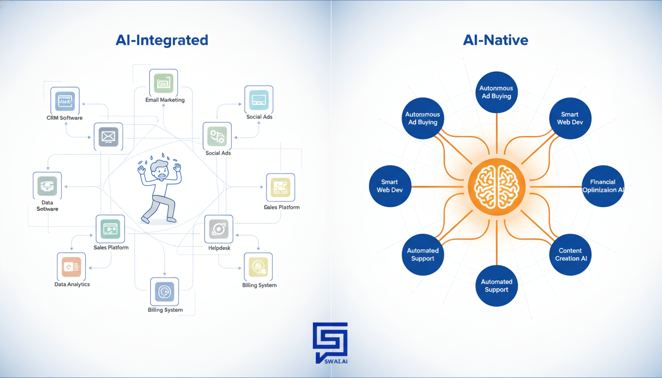 A split-screen infographic comparing 'AI-Integrated' vs. 'AI-Native'. The left side shows a complex flowchart with multiple software icons connected by dotted lines, with a human figure at the center manually managing them. The right side shows a central brain-like AI core with solid lines extending to functions like 'Ad Buying', 'Web Dev', and 'Lead Nurturing', all operating autonomously. Use clear icons and brand colors #174e72 and #dd8e38. Aspect ratio: 16:9.