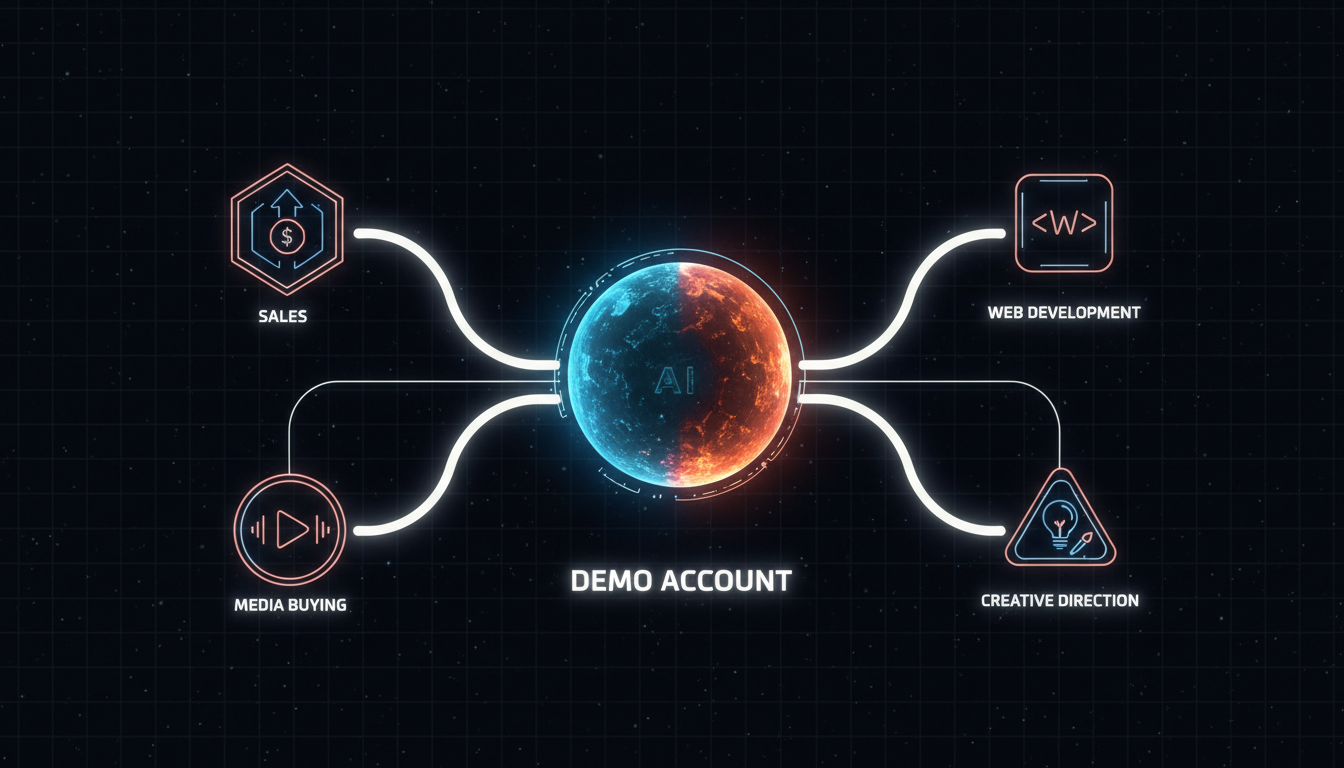 An abstract futuristic illustration of a central glowing AI core with light pathways connecting to distinct agent icons representing sales, media buying, web development, and creative direction. The overall feeling should be streamlined, intelligent, and autonomous, using brand colors. Aspect ratio: 16:9.