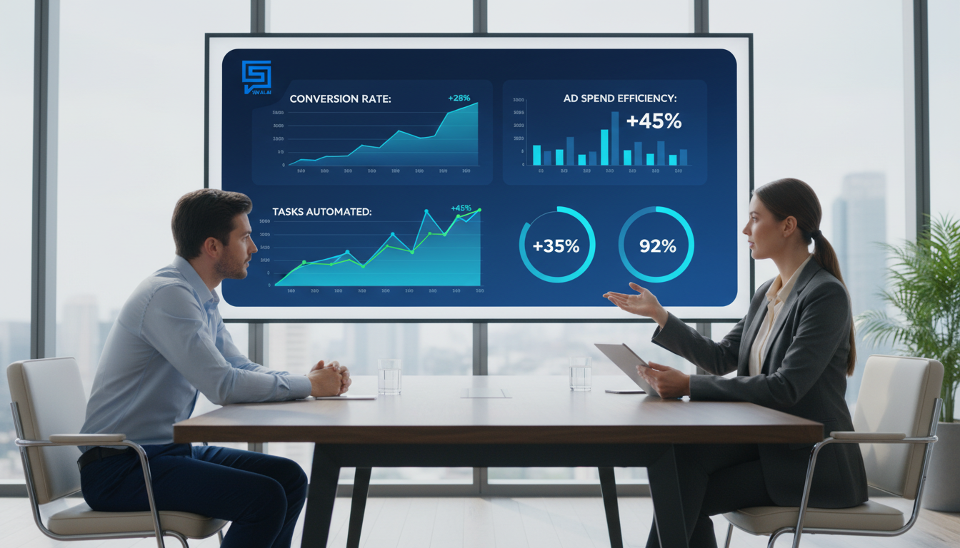 A realistic photo of a calm, confident agency owner in a modern office, speaking with a client. On a large screen behind them, a clean dashboard from the SWAI.ai platform shows autonomously growing performance graphs and metrics, symbolizing that the work is being handled by AI. The atmosphere is professional and strategic. Aspect ratio: 16:9.