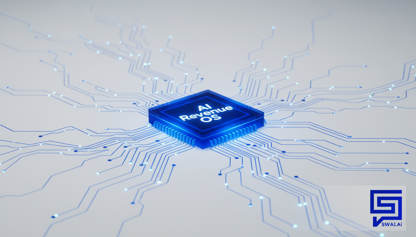 A sleek, futuristic illustration of a single, glowing central AI core labeled 'AI Revenue OS'. Clean, efficient lines of light radiate outwards to represent hundreds of different client campaigns being managed simultaneously and effortlessly. The image should feel calm, controlled, and powerfully efficient, contrasting with the previous 'tangled web' visual. Minimalist style. Aspect ratio: 16:9.