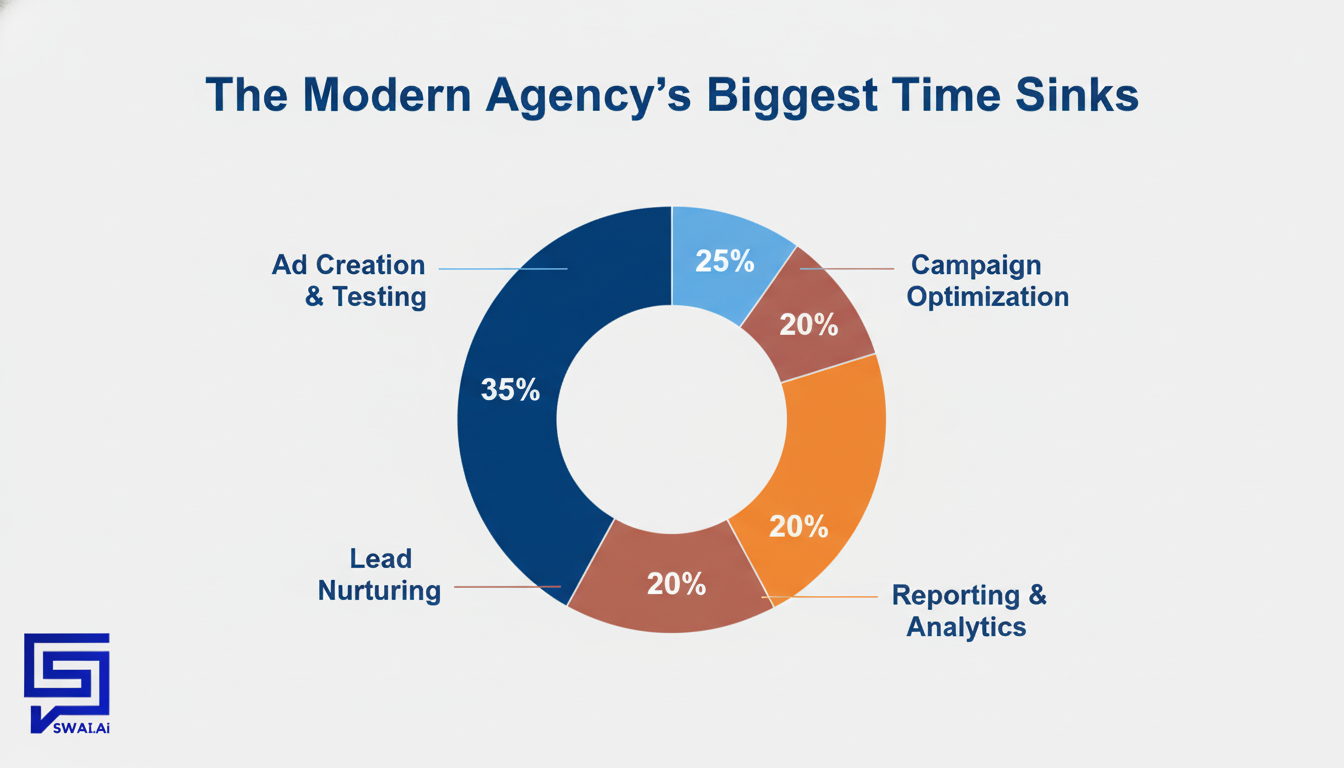 A clean and professional infographic titled 'The Modern Agency's Biggest Time Sinks'. It features a sleek doughnut chart breaking down typical manual fulfillment tasks: 'Ad Creation & Testing' (35%), 'Campaign Optimization' (25%), 'Lead Nurturing' (20%), and 'Reporting & Analytics' (20%). Use the brand's primary colors for a visually appealing and on-brand data representation. Aspect ratio: 1:1.