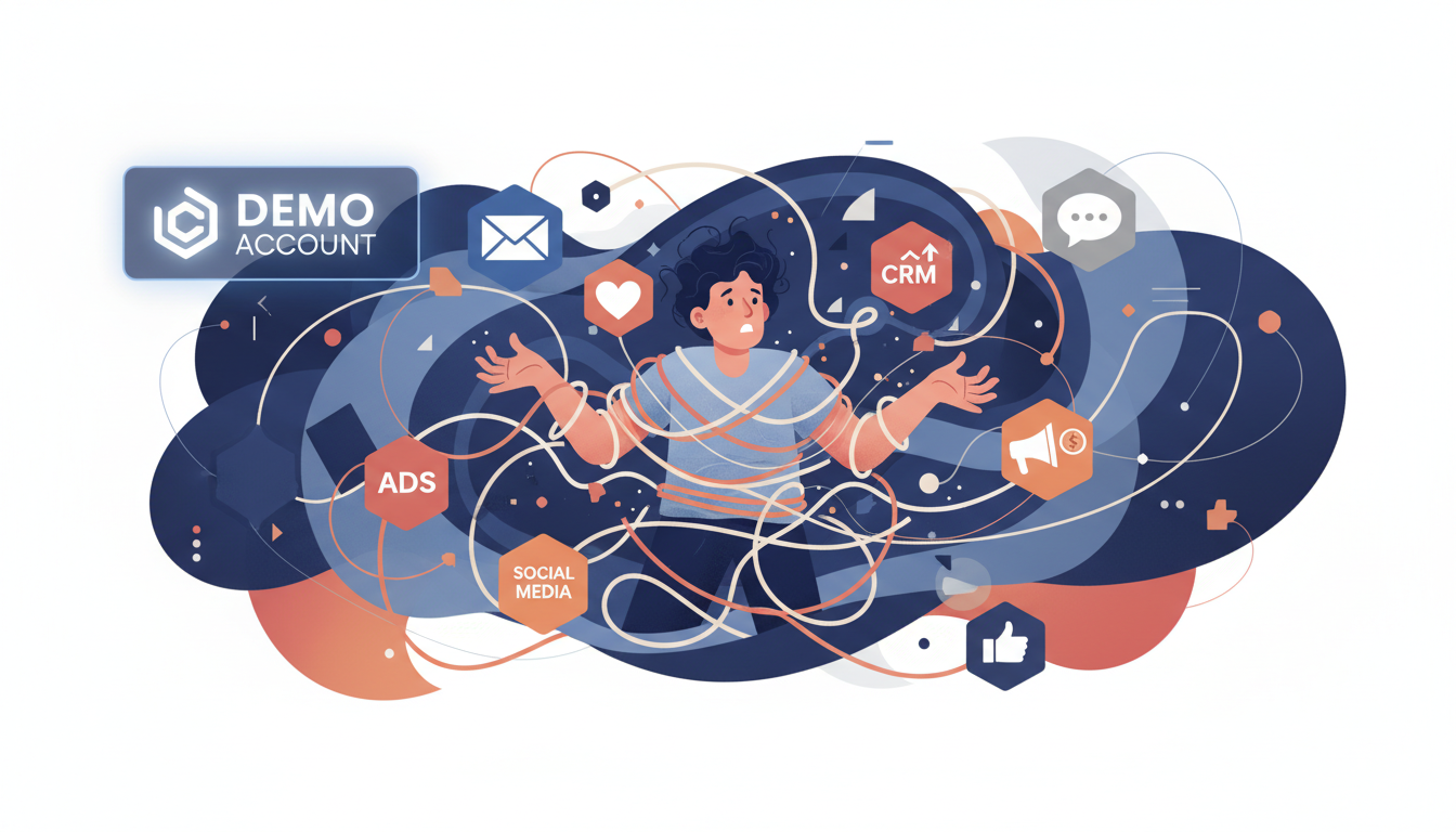 An illustration of a frustrated marketing agency owner tangled in a web of digital cables connecting different software icons like 'email', 'CRM', 'ads', and 'social media'. The style should be modern and slightly conceptual, emphasizing the complexity and chaos of a fragmented tech stack. Aspect ratio: 16:9.