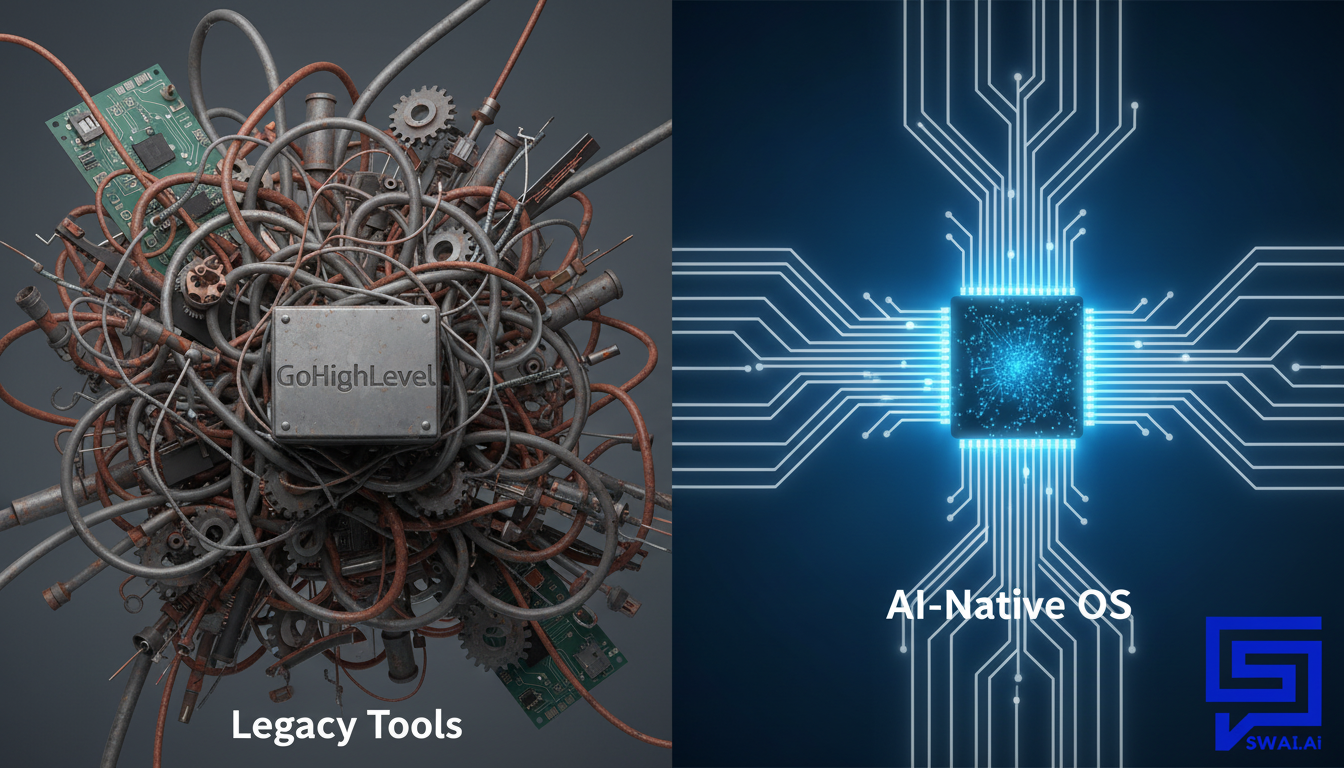 A concept illustration depicting the evolution of agency operations. On the left, a tangled mess of wires and gears labeled 'Legacy Tools' connects to a box labeled 'GoHighLevel'. On the right, a single, glowing, streamlined neural network core labeled 'AI-Native OS' effortlessly manages the same tasks. The visual contrast should highlight complexity versus simplicity. Use a modern, sleek design style. Aspect ratio: 16:9.