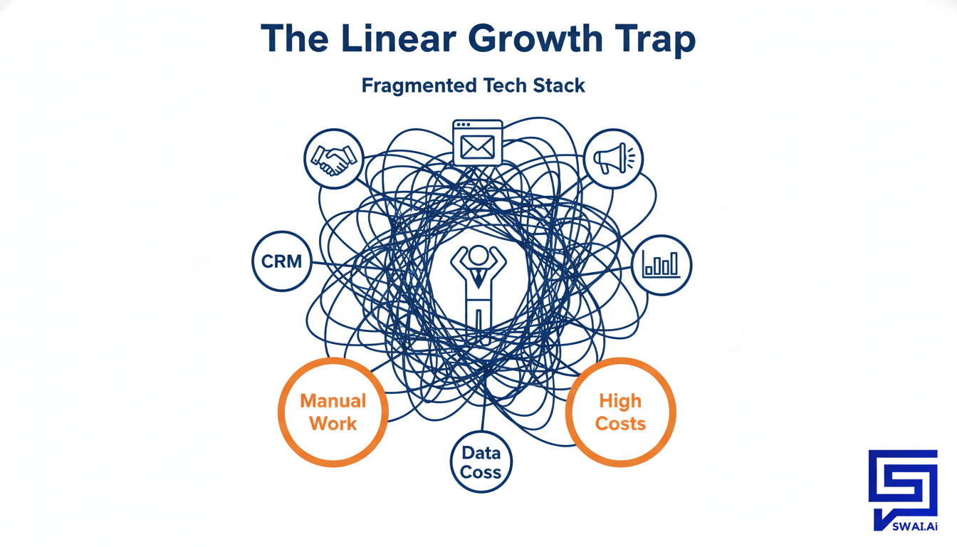 An infographic illustrating a 'Fragmented Tech Stack'. It shows a tangled web of lines connecting various software icons (CRM, Email, Ads, Analytics), leading to choke points labeled 'Manual Work', 'High Costs', and 'Data Silos'. In the center, a frustrated business person icon is shown. The title reads 'The Linear Growth Trap'. The design is clean but conveys complexity and inefficiency. Aspect ratio: 4:3.