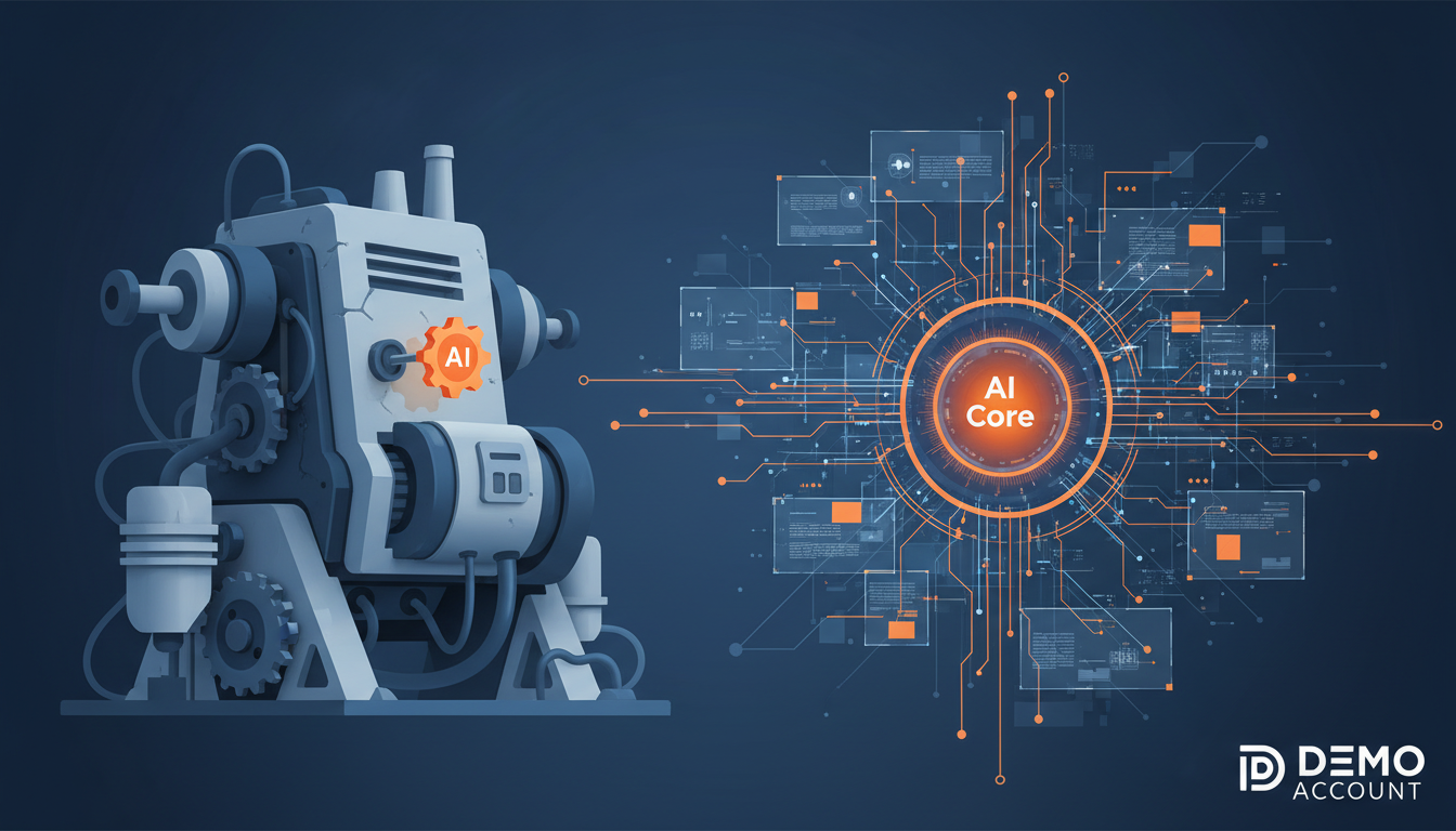 An abstract illustration comparing two concepts. On the left, a large, old-fashioned machine with a tiny, modern gear labeled 'AI' bolted onto the side. On the right, a futuristic, glowing orb labeled 'AI Core' at the center of a complex, integrated system, powering everything. Aspect ratio: 16:9.