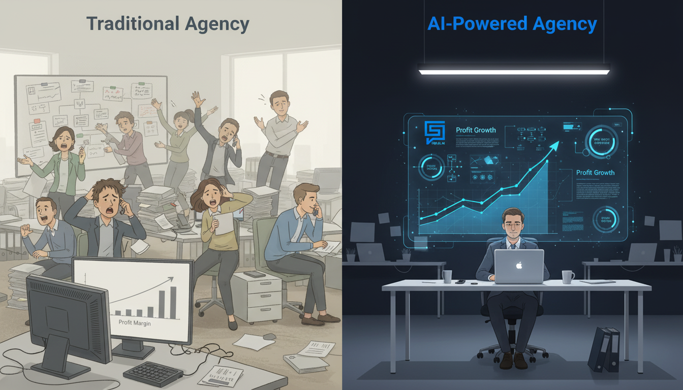 A split-panel illustration. On the left, 'Traditional Agency' shows a chaotic office with many people, complex flowcharts, and a small profit margin graph. On the right, 'AI-Powered Agency' shows a single strategist at a clean desk overseeing an automated dashboard with a steeply rising profit graph. Use brand colors to differentiate the two sides clearly. Aspect ratio: 16:9.
