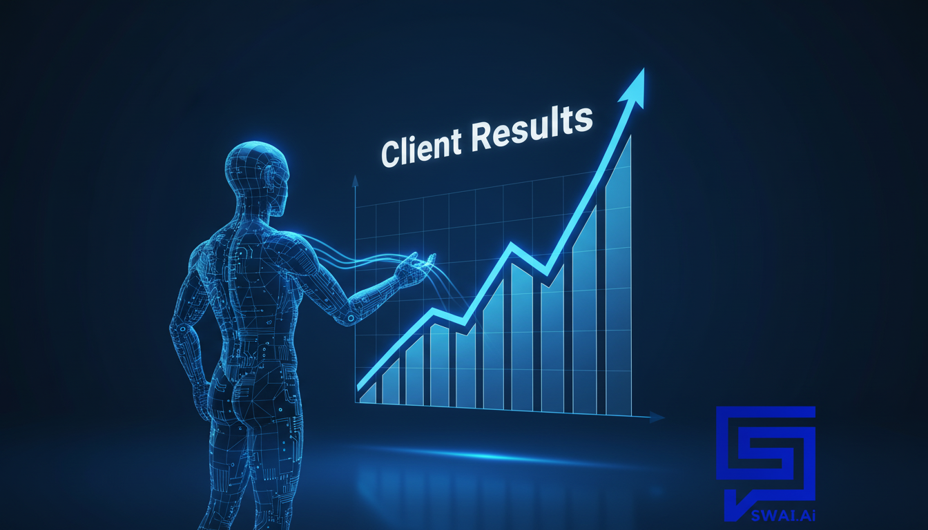 A futuristic, realistic image of a glowing digital graph showing a steep upward trend labeled 'Client Results.' The graph is being drawn by a sleek, abstract AI entity, symbolizing technology driving guaranteed outcomes. The background is a dark, professional blue. Aspect ratio: 4:3.