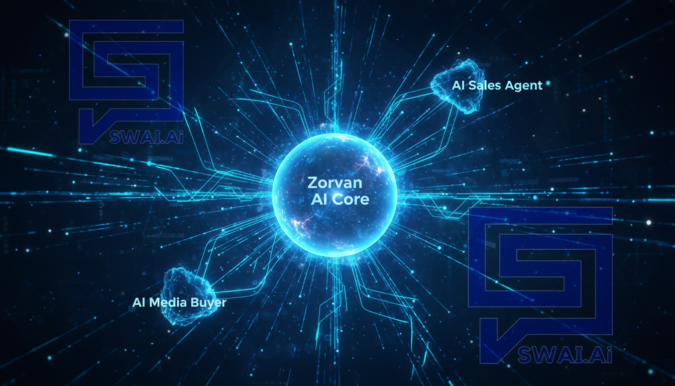 A futuristic abstract illustration showing a central glowing orb labeled 'Zorvan AI Core' with energetic, interconnected lines flowing out to smaller nodes representing autonomous agents like 'AI Media Buyer' and 'AI Sales Agent'. The image should convey seamless, intelligent automation and orchestration. Aspect ratio: 16:9.