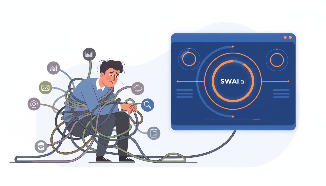 An illustration showing a frustrated marketing agency owner tangled in a web of cables labeled with different software logos, trying to connect them. In the background, a single, sleek, unified dashboard glows calmly, representing a streamlined solution. Style: modern flat illustration. Aspect ratio: 16:9.