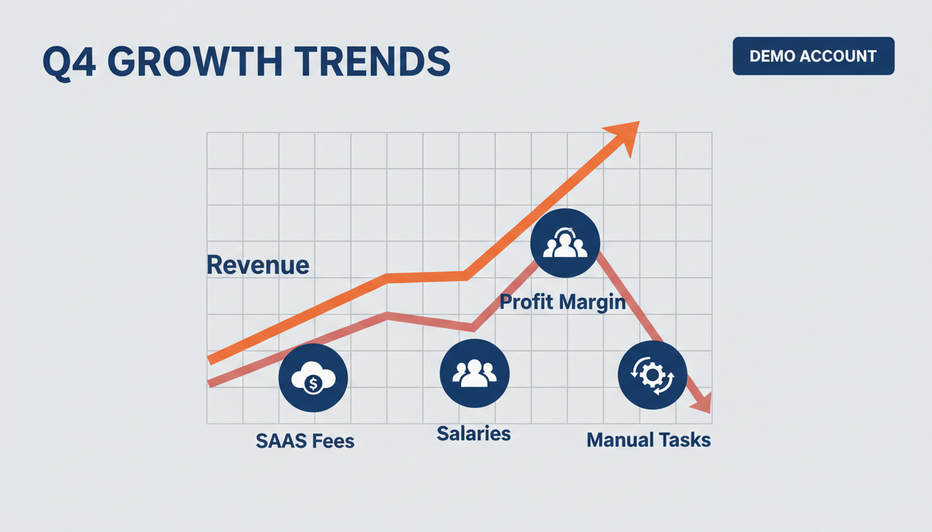 A clean and modern infographic with a line graph. One line, labeled 'Revenue,' is trending upwards. Another line, labeled 'Profit Margin,' is trending downwards. Icons representing 'SaaS Fees,' 'Salaries,' and 'Manual Tasks' are shown pushing the profit line down. Aspect ratio: 4:3.