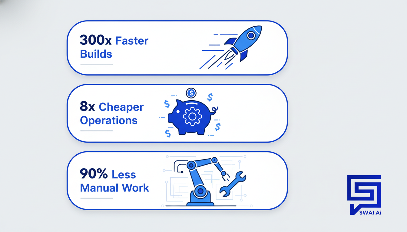 A clean, modern infographic with three main sections. Each section has a large, bold metric: '300x Faster Builds', '8x Cheaper Operations', '90% Less Manual Work'. Use sleek icons (a rocket, a piggy bank with a gear, and a robot arm) and the brand's primary colors. Aspect ratio: 1:1.