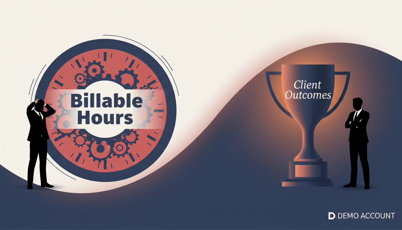 A conceptual illustration split in two. The left side shows a clock with 'Billable Hours' written on it, with an agency owner looking stressed. The right side shows a trophy with 'Client Outcomes' written on it, with the agency owner looking confident and strategic. The visual style should be sleek and professional. Aspect ratio: 16:9.