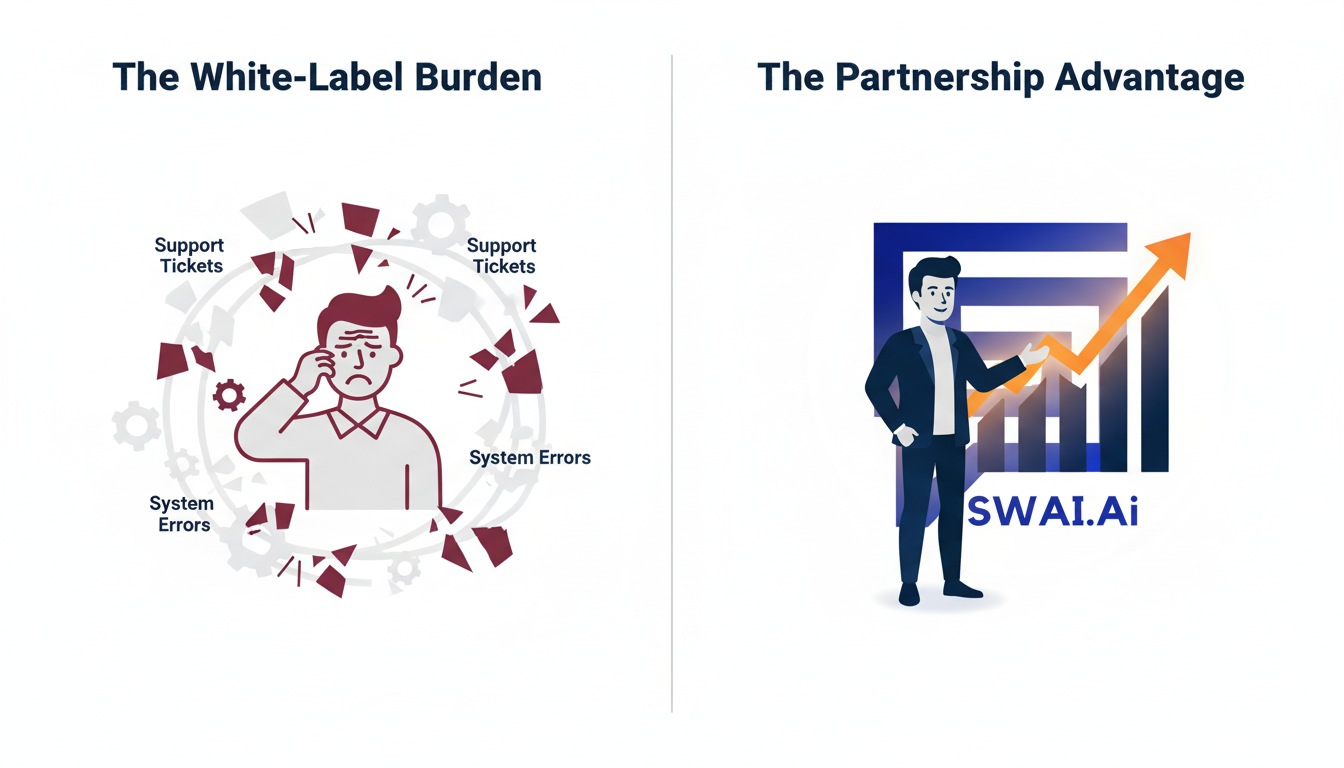 A clean, modern side-by-side infographic comparing two scenarios. Left side titled 'The White-Label Burden' shows an agency owner icon stressed, surrounded by 'Support Tickets' and 'System Errors'. Right side titled 'The Partnership Advantage' shows a confident agency owner icon presenting a growth chart, with the SWAI.ai logo acting as a supportive shield in the background. Use brand colors. Aspect ratio: 16:9.