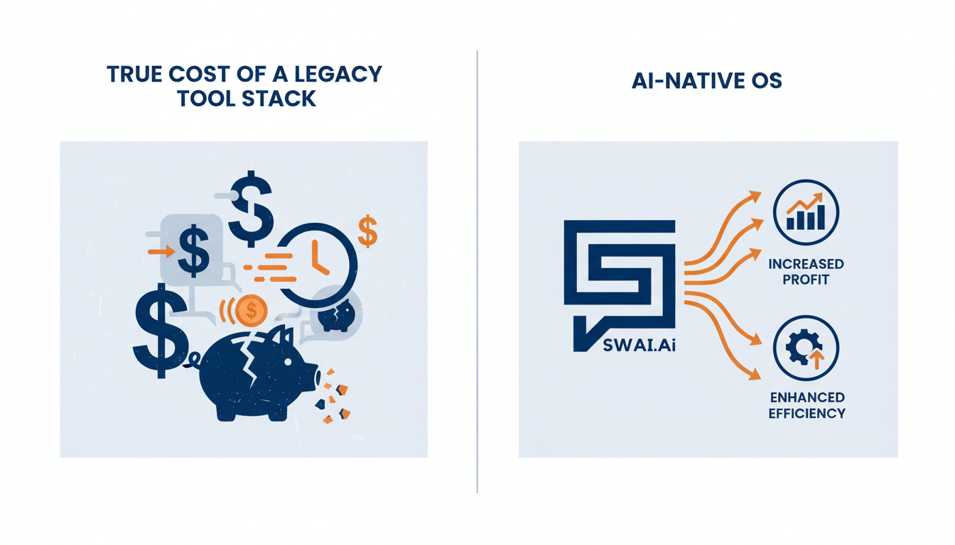 A clean and modern infographic comparing the 'True Cost of a Legacy Tool Stack' vs. 'AI-Native OS'. The left side shows multiple cost icons (dollar signs for subscriptions, clocks for wasted time, a cracked piggy bank for opportunity cost). The right side shows a single, streamlined icon representing SWAI.ai with arrows pointing to increased profit and efficiency. Use brand colors #174e72 and #dd8e38. Aspect ratio: 1:1.
