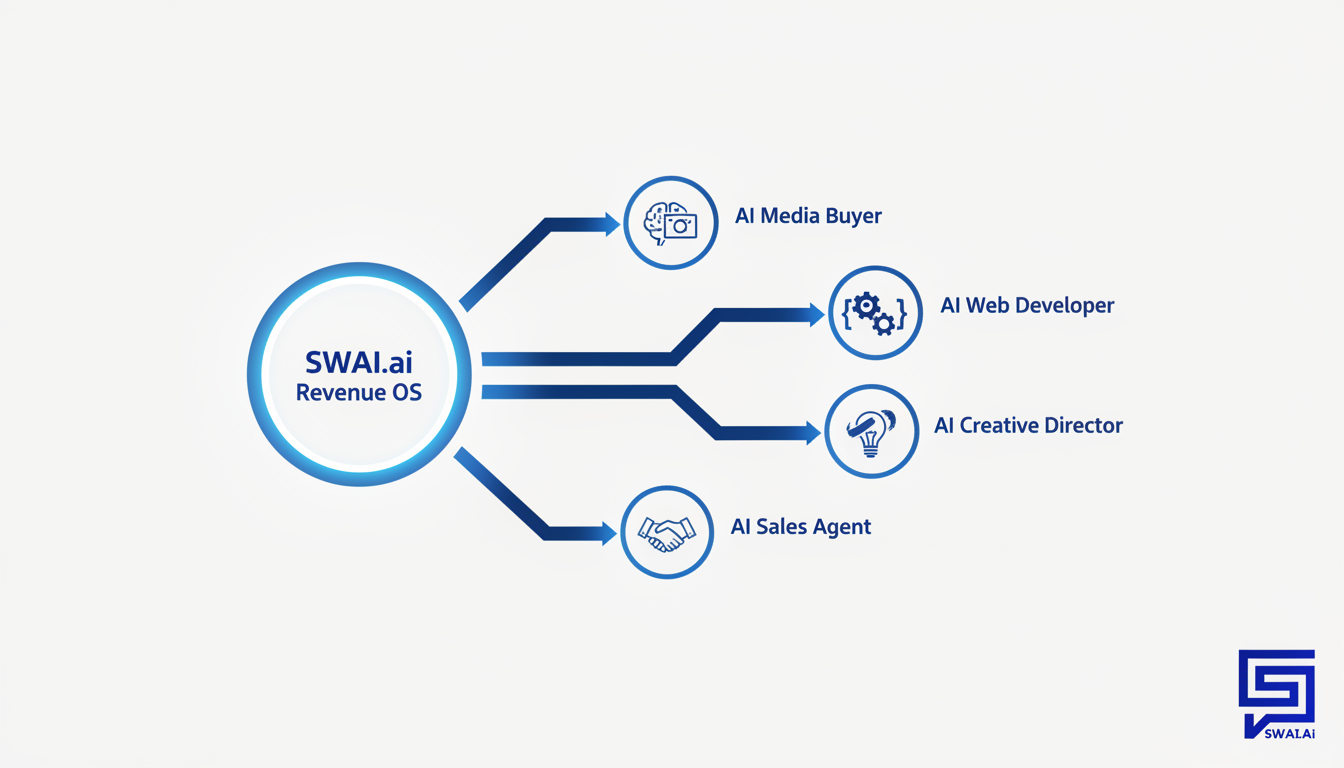 A futuristic, schematic-style illustration showing a central glowing core labeled 'SWAI.ai Revenue OS'. From this core, clear, organized data streams flow out to icons representing different marketing functions: 'AI Media Buyer', 'AI Web Developer', 'AI Creative Director', and 'AI Sales Agent'. The image should look clean, organized, and powerful. Aspect ratio: 16:9.