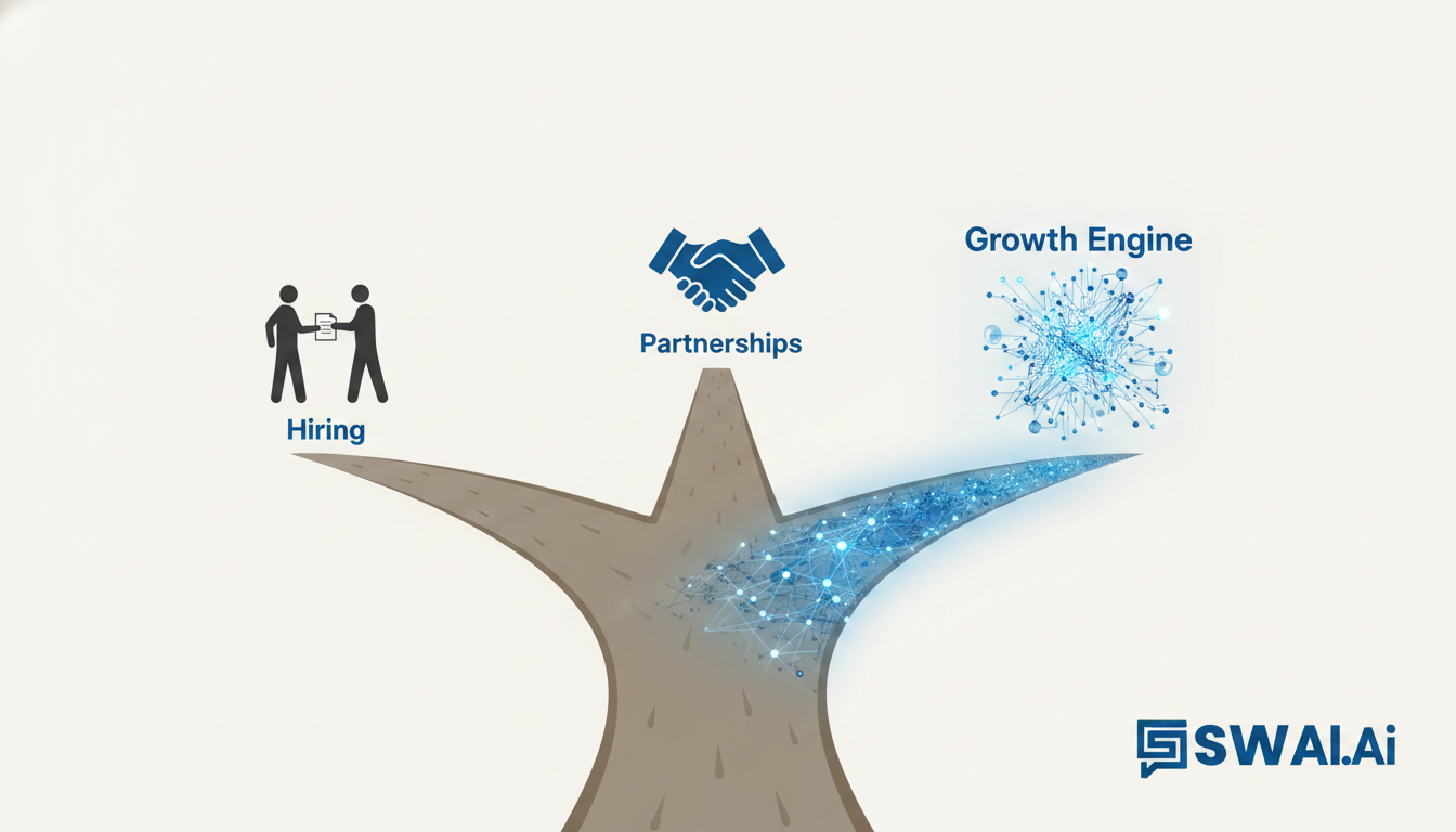 A minimalist illustration showing a fork in the road with three paths for an agency founder. One path shows a silhouette of a person being hired, another shows a handshake deal, and the third shows a glowing, integrated AI system labeled 'Growth Engine'. The style is clean, modern, and uses the brand's primary colors. Aspect ratio: 16:9.