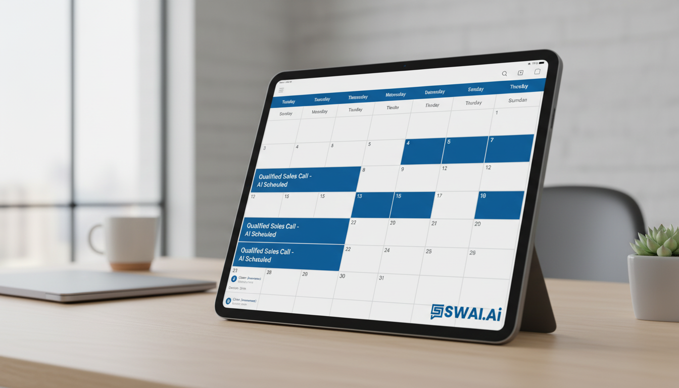 A close-up, realistic photo of a professional's digital calendar on a tablet screen. Several appointments are neatly blocked out, with titles like 'Qualified Sales Call - AI Scheduled'. The background is a clean, modern office. The focus is on the screen, implying autonomous scheduling. Aspect ratio: 4:3.
