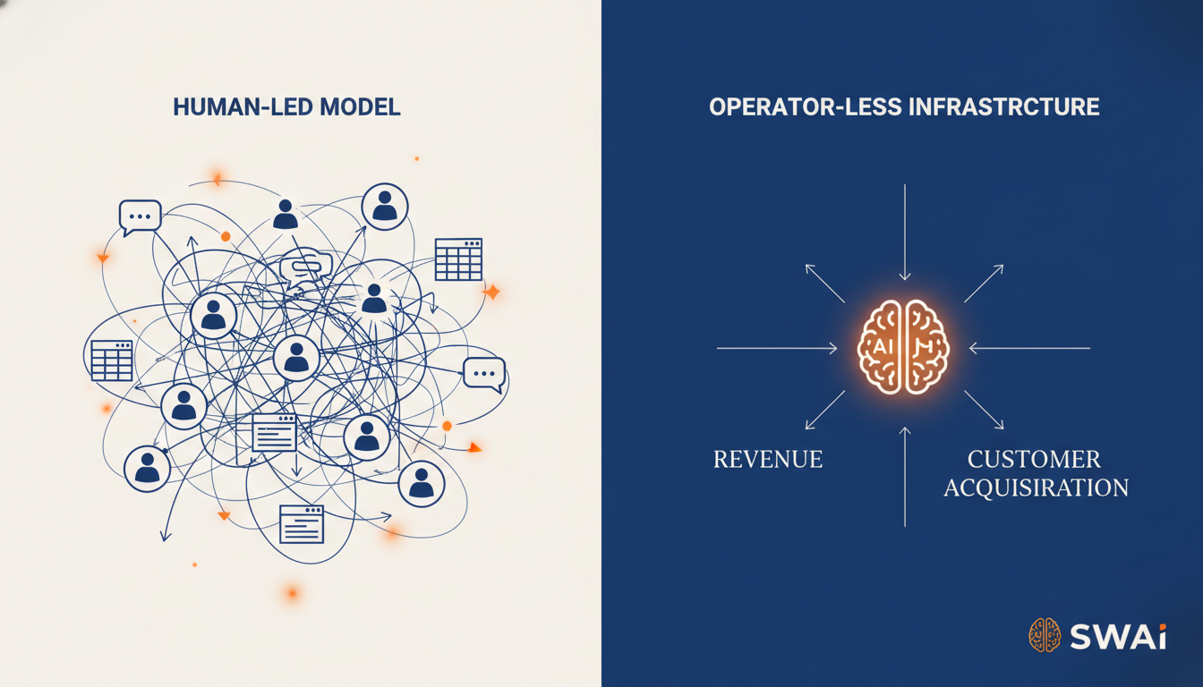 A split-screen infographic. On the left, titled 'Human-Led Model', show a complex web of interconnected icons (people, spreadsheets, chat bubbles) with tangled arrows, indicating confusion and inefficiency. On the right, titled 'Operator-Less Infrastructure', show a clean, centralized AI brain icon with streamlined arrows pointing to outcomes like 'Revenue' and 'Customer Acquisition'. Use brand colors #004c82, #ff8e0d, and #f6f4f2 for a professional, modern look. Aspect ratio: 16:9.