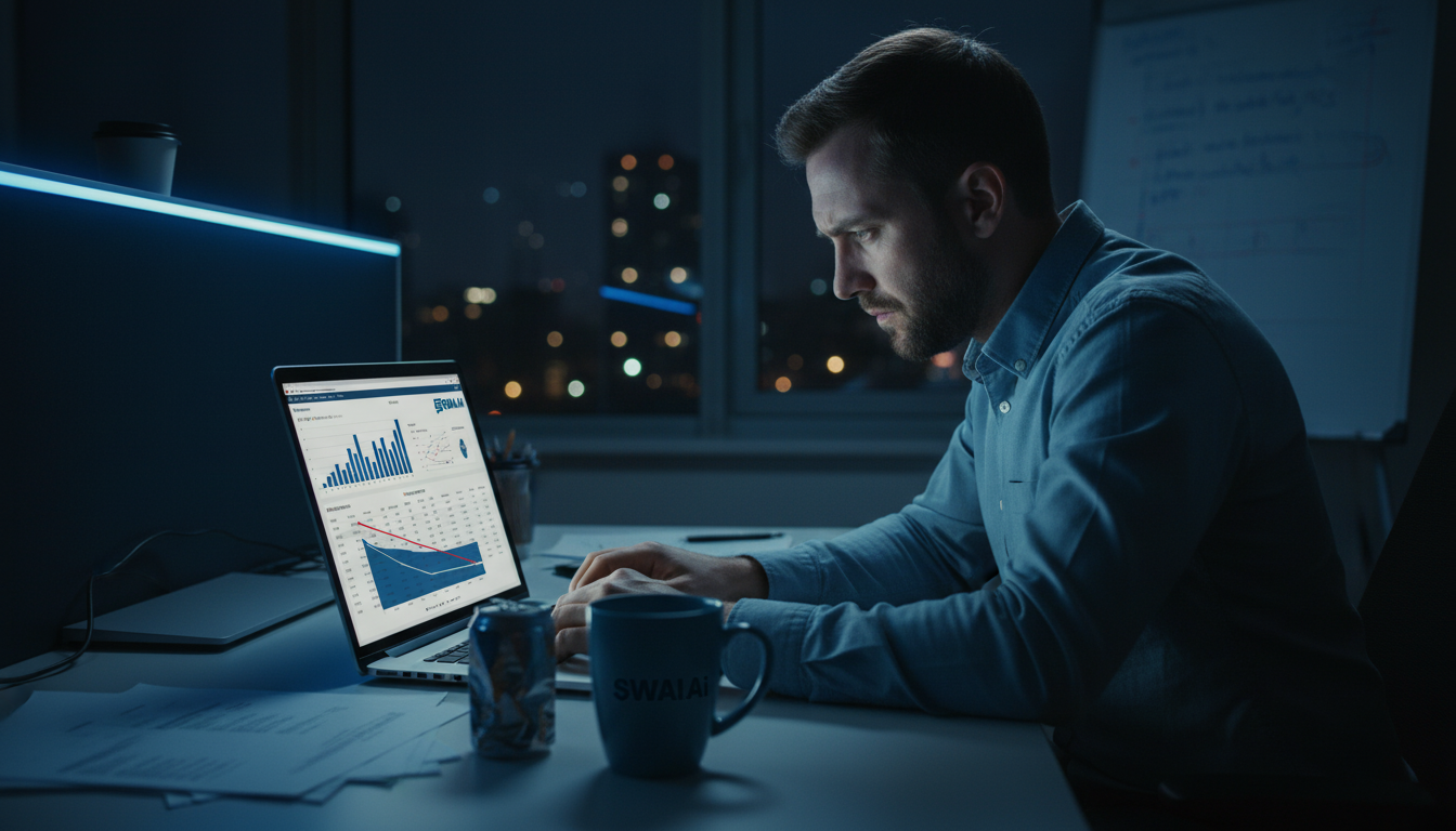 A realistic, dramatic photo of a stressed agency founder in a modern, dimly lit office at night, illuminated only by their laptop screen. They are looking at a complex spreadsheet with charts showing rising expenses and falling profit margins. The mood is one of frustration and exhaustion. Aspect ratio: 16:9.