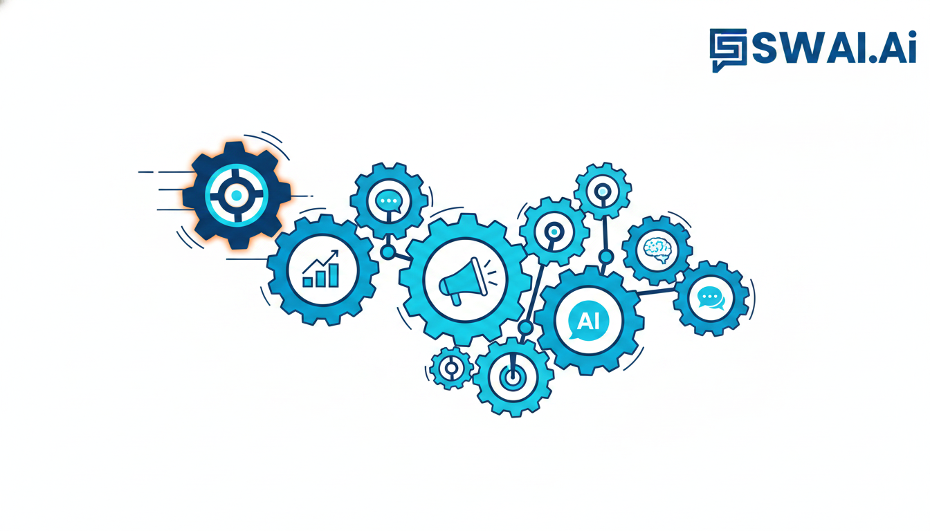 A stylized illustration of a single, powerful gear effortlessly turning a complex system of larger gears, representing an AI engine powering an entire agency's growth. The color scheme is modern and clean, using brand colors #084f85 and #4ECACE with accents of #FF8F0D. Minimalist design. Aspect ratio: 16:9.