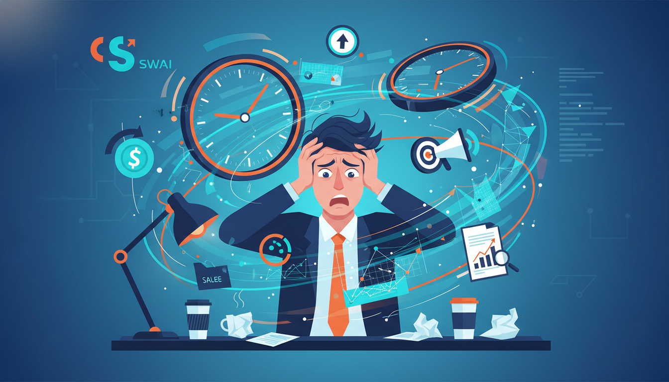 A stylized illustration of a business founder looking stressed, sitting at a desk and juggling multiple clocks, charts, and icons representing sales, marketing, and reporting. The overall mood is chaotic and overwhelming. The style is modern and professional, using brand colors. Aspect ratio: 16:9.