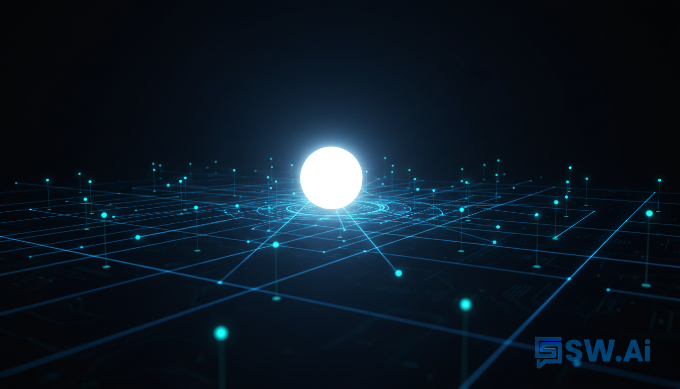 A sophisticated abstract image representing strategic command. A central, glowing white orb on a dark blue and black background, with clean, precise lines radiating outwards to smaller nodes, symbolizing the efficient execution of a central command. The image should feel powerful, controlled, and technological. Aspect ratio: 16:9.