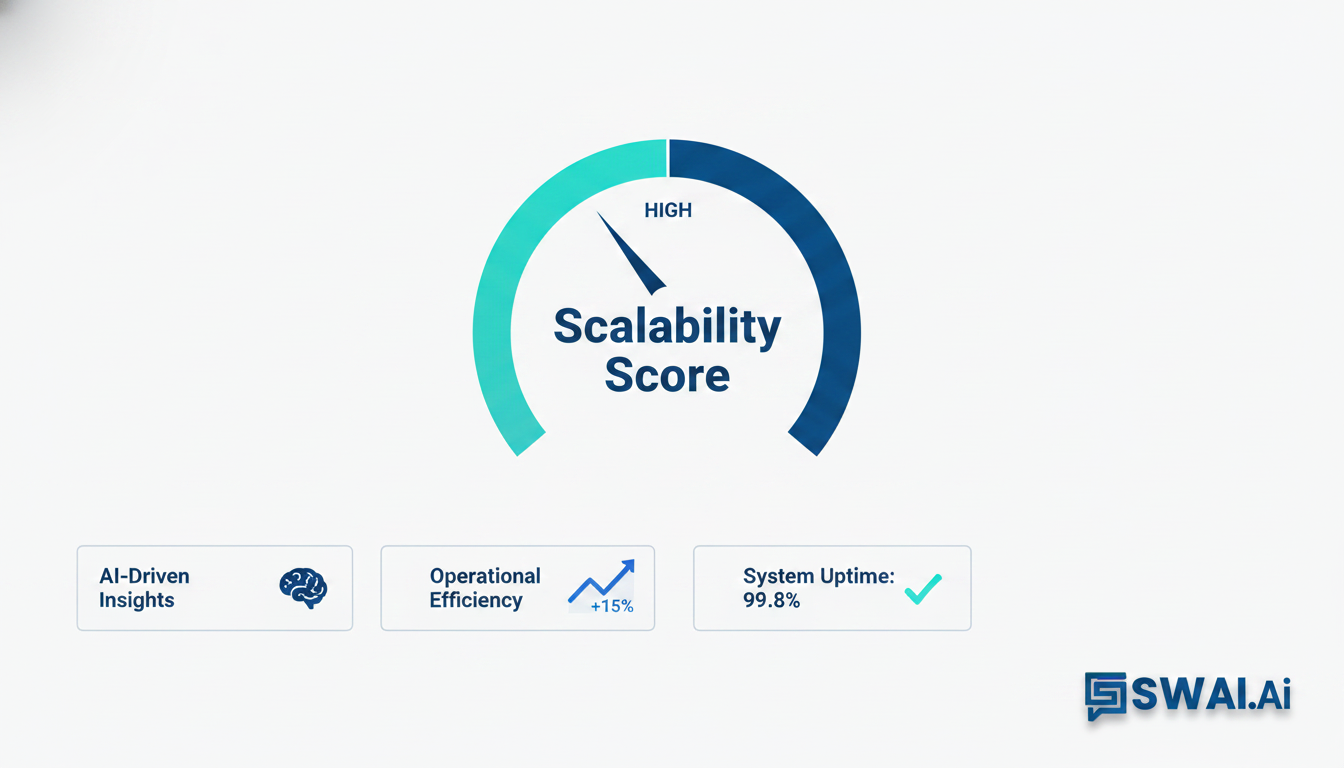 A sleek, modern illustration of a digital dashboard showing a 'Scalability Score' with a rising needle, symbolizing growth and operational efficiency for a digital agency. The background should be clean and professional. Aspect ratio: 16:9.