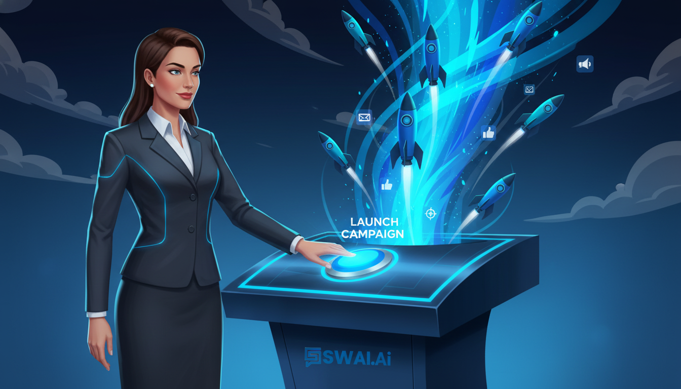 A powerful illustration of a founder at a command console with a single button. Pressing the button launches a series of interconnected rockets, symbolizing the instant deployment of a marketing campaign. The style is sleek, futuristic, and uses the brand's dark and teal colors to create a high-tech feel. Aspect ratio: 1:1.