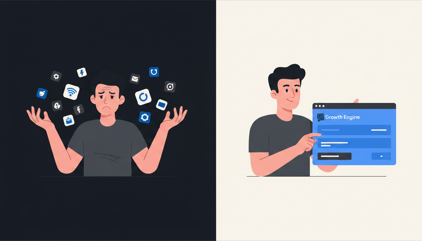 A stylized illustration in a modern, flat design. On one side, an overwhelmed agency owner is juggling multiple generic app icons, looking stressed. On the other side, a calm and confident agency owner interacts with a single, sleek dashboard labeled 'Growth Engine.' Use a limited color palette of #094f85, #0f161e, and #f1f0ee. Aspect ratio: 16:9.