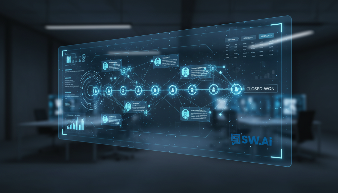 A photorealistic image of a sleek, holographic dashboard displaying a dynamic sales pipeline. Data points and lead profiles are moving and re-prioritizing themselves automatically. The overall aesthetic is futuristic, clean, and professional, suggesting intelligent optimization. Aspect ratio: 16:9.