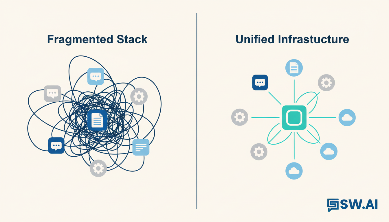 A clean infographic showing a tangled web of various generic app icons on the left, with messy lines connecting them, labeled 'Fragmented Stack'. On the right, a single, streamlined hub labeled 'Unified Infrastructure' with clean lines flowing outwards to the same icons. Use brand colors #123852 and #36d1cb on a #f6f4f2 background. Aspect ratio: 1:1.