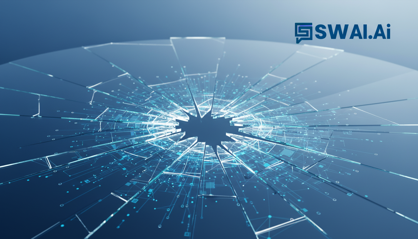 An abstract illustration of a glass ceiling with visible cracks, symbolizing a business growth limit. Through the cracks, a futuristic blue and teal digital network is visible, representing new potential. The overall aesthetic is clean, professional, and minimalist. Aspect ratio: 16:9.