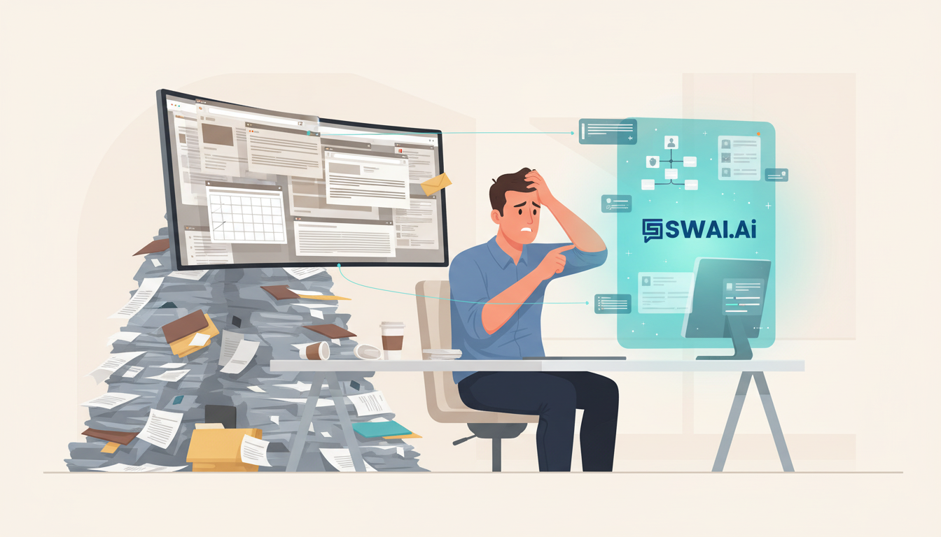 A stylized illustration depicting a frustrated digital agency owner sitting at a desk overflowing with paperwork and browser tabs. On one side of the desk, the clutter is overwhelming, while on the other, a sleek, glowing AI interface begins to organize the chaos. Use a modern, clean art style. Aspect ratio: 16:9.