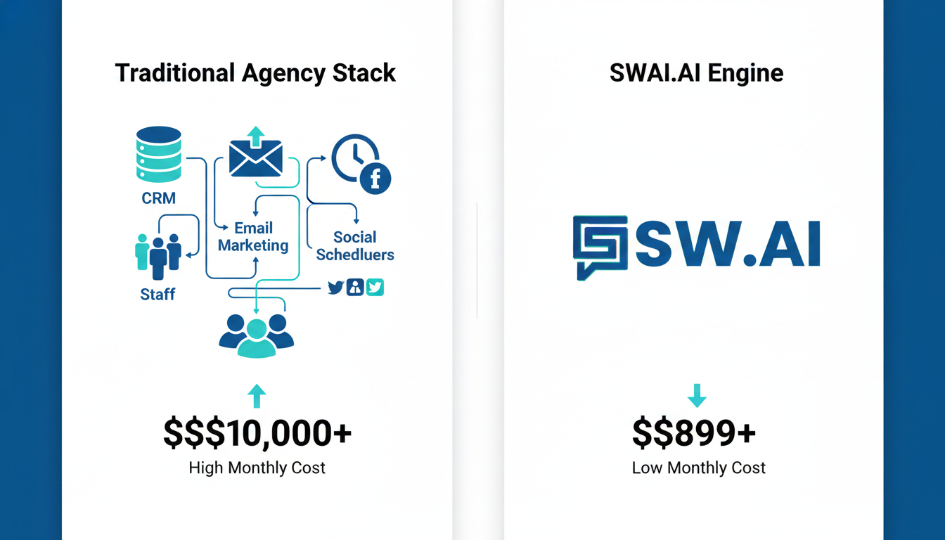 A clean, modern infographic comparing two scenarios side-by-side. On the left, 'Traditional Agency Stack' shows multiple logos for CRM, email marketing, and social schedulers, plus icons of staff, with a large total cost displayed below. On the right, 'SWAI.AI Engine' shows a single, sleek logo with a significantly smaller total cost. Use brand colors #084f85, #4ECACE, and #000000 for text and icons. Aspect ratio: 4:3.