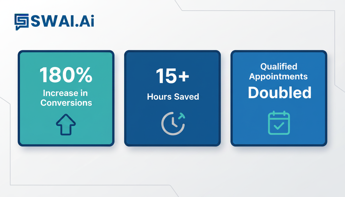 A bold and impactful infographic showcasing key results with large typography and relevant icons. It features '180% Increase in Conversions' with an upward trending arrow, '15+ Hours Saved' with a clock icon, and 'Qualified Appointments Doubled' with a calendar icon. The design is modern, professional, and uses the brand's color scheme. Aspect ratio: 1:1.