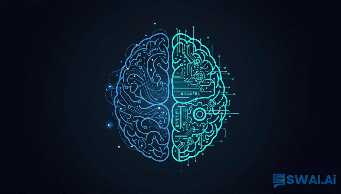 A stylized illustration showing a human brain with strategic thoughts on one side, and clean, efficient data streams and gears on the other, representing the split between human strategy and AI execution. The design should be clean and modern. Use brand colors #094f85 and #4ecace against a dark #0f161e background. Aspect ratio: 16:9.