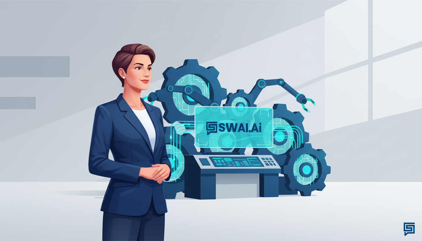 A stylized illustration showing a founder standing confidently, looking at a smoothly running, automated factory of gears and data streams that represents their agency. The founder is free, not tied to the machine. Aspect ratio: 16:9. Modern and clean design using brand colors.