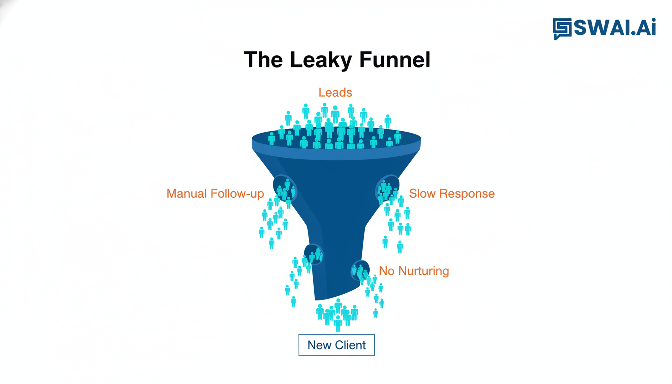 A clean, modern infographic chart titled 'The Leaky Funnel'. It shows leads (represented by icons of people) entering a wide funnel at the top. The funnel has several visible holes labeled 'Manual Follow-up,' 'Slow Response,' and 'No Nurturing,' with leads falling out. Only a few leads make it to the bottom, labeled 'New Client.' Use brand colors. Aspect ratio: 1:1.