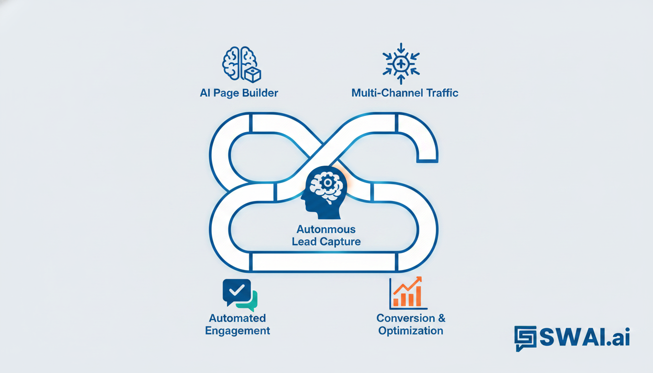 A clean infographic showing a marketing funnel. At the top, icons for 'AI Page Builder' and 'Multi-Channel Traffic' point into the funnel. In the middle, an icon of a brain with a gear inside labeled 'Autonomous Lead Capture'. The entire process is shown as a seamless, 24/7 loop. Aspect ratio: 1:1.