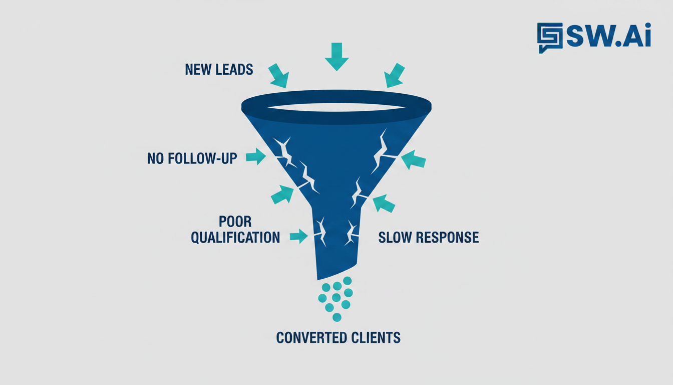 A clean infographic showing a leaky sales funnel. Arrows representing leads are shown entering the top, with several 'leaking' out of cracks labeled 'No Follow-up', 'Poor Qualification', and 'Slow Response'. At the bottom, only a trickle of leads emerges. Use a modern, minimalist style with brand colors. Aspect ratio: 1:1.