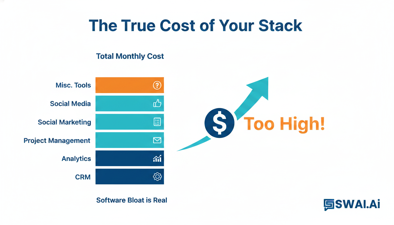 An infographic showing a bar chart where each bar represents a different SaaS subscription (CRM, Email, Social, etc.). The bars stack up to show an alarmingly high total monthly cost. Icons and minimalist design, using brand colors. Titled 'The True Cost of Your Stack'. Aspect ratio: 1:1.