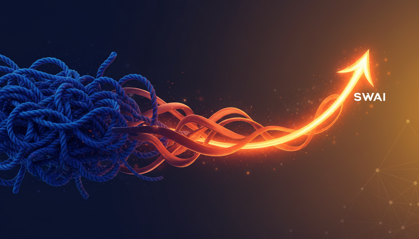 An abstract illustration of a tangled, chaotic knot of ropes on one side, smoothly transitioning into a single, streamlined, glowing line moving upwards on the other. This represents the shift from complex manual processes to efficient autonomous growth. Dominant colors are a deep blue (#004c82) and vibrant orange (#ff8e0d). Aspect ratio: 16:9.