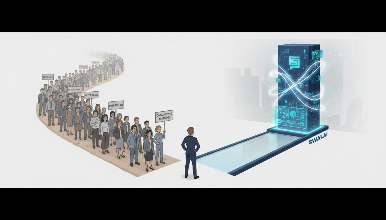 A stylized illustration showing a fork in the road for an agency founder. One path shows a long queue of people waiting to be interviewed, representing the traditional hiring route. The other path leads to a sleek, integrated AI system with glowing data streams, representing a modern technology-first approach. The style is clean and professional. Aspect ratio: 16:9.