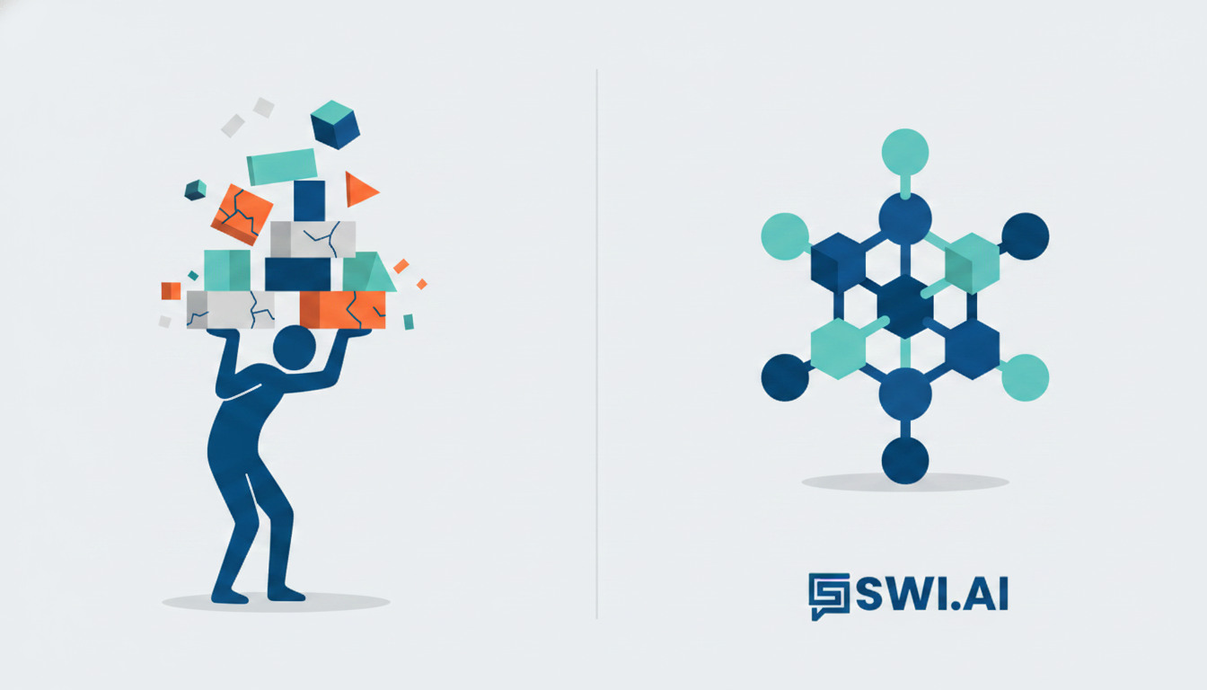 A stylized diptych illustration. On the left, a single figure precariously balances a complex, teetering stack of blocks, representing key-person dependency. On the right, a stable, interconnected geometric structure stands on its own, representing a robust system. Use a clean, modern illustration style with brand colors. Aspect ratio: 16:9.
