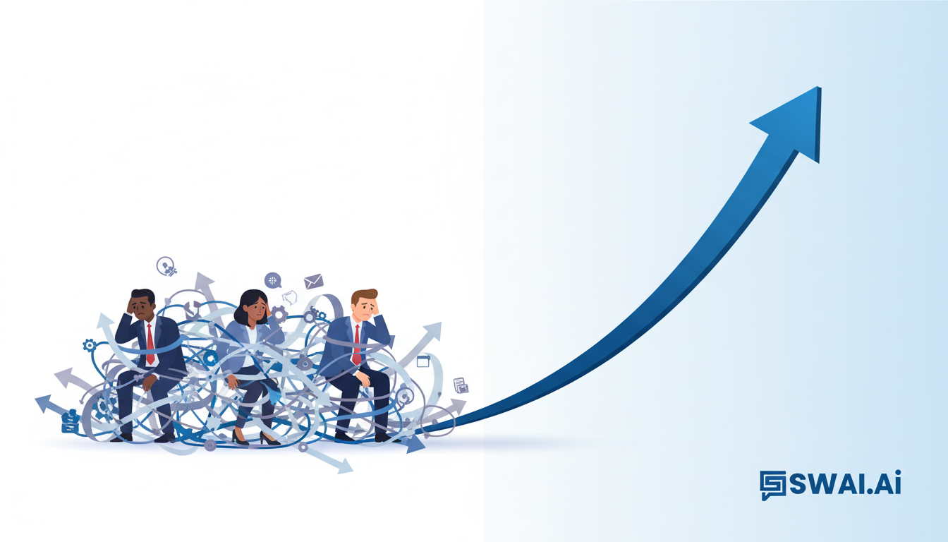 An illustration depicting a frustrated marketing agency team tangled in a web of chaotic arrows and disconnected icons, contrasted with a single, sleek, streamlined arrow effortlessly reaching a new height. Represents breaking a growth plateau. Aspect ratio: 16:9.