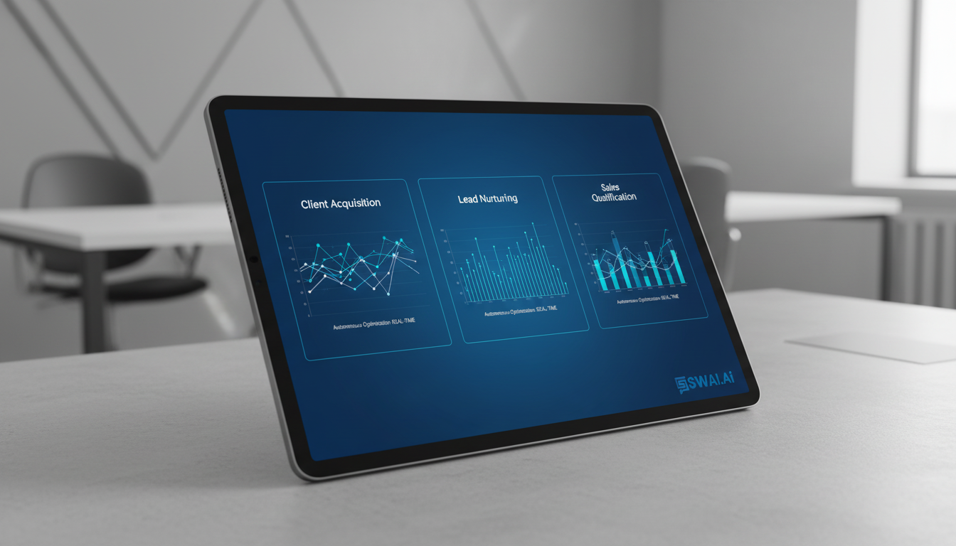 A close-up, slightly angled shot of a futuristic, clean dashboard on a tablet screen. The dashboard displays modules for 'Client Acquisition,' 'Lead Nurturing,' and 'Sales Qualification,' with data visualizations showing autonomous, real-time optimization. The background is a modern, minimalist office. Aspect ratio: 16:9.
