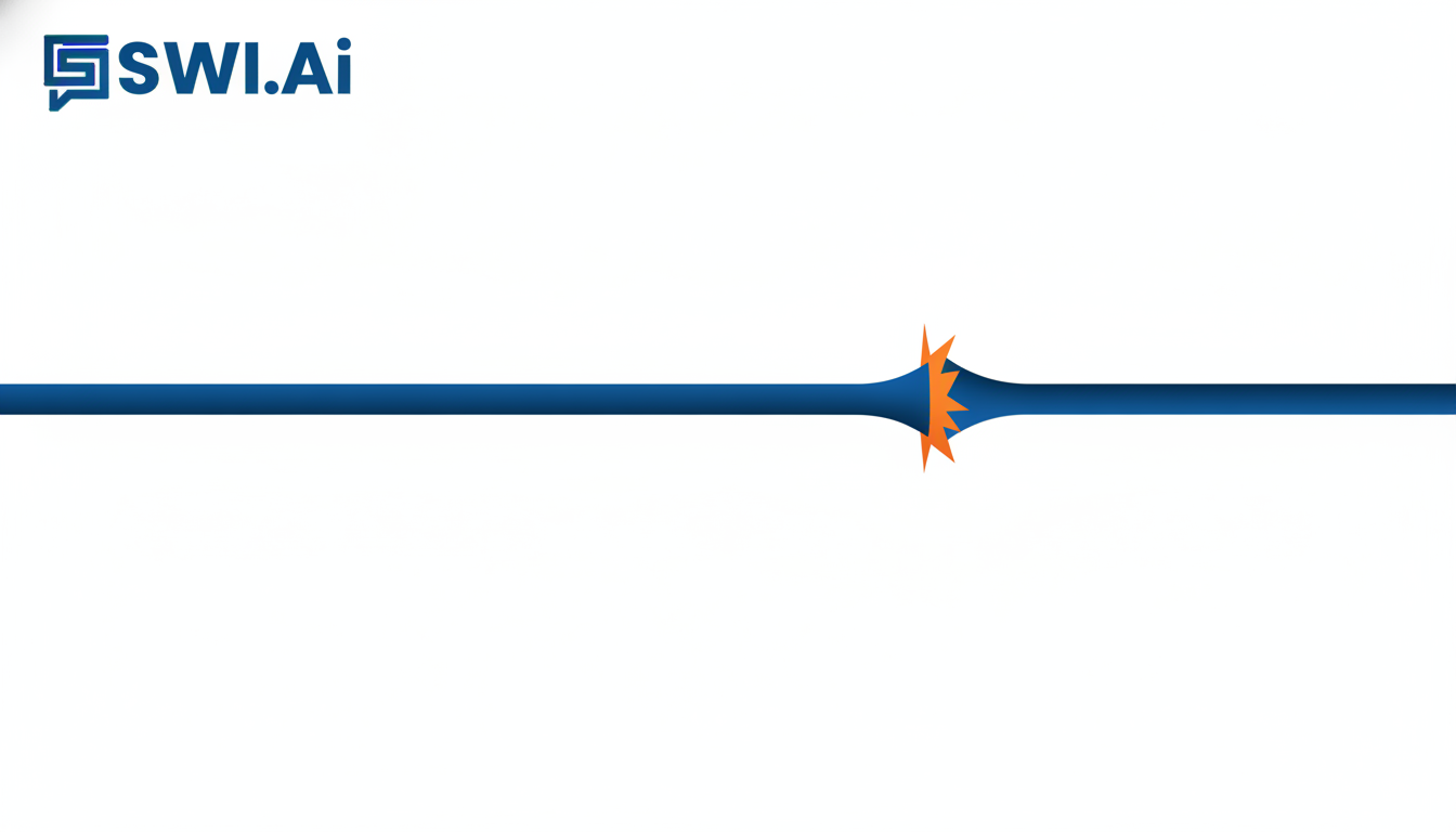 An abstract digital illustration representing a hidden bottleneck. A sleek, flowing blue line representing agency workflow gets squeezed and distorted as it passes through a narrow, jagged orange constriction, against a clean white background. Aspect ratio: 16:9.