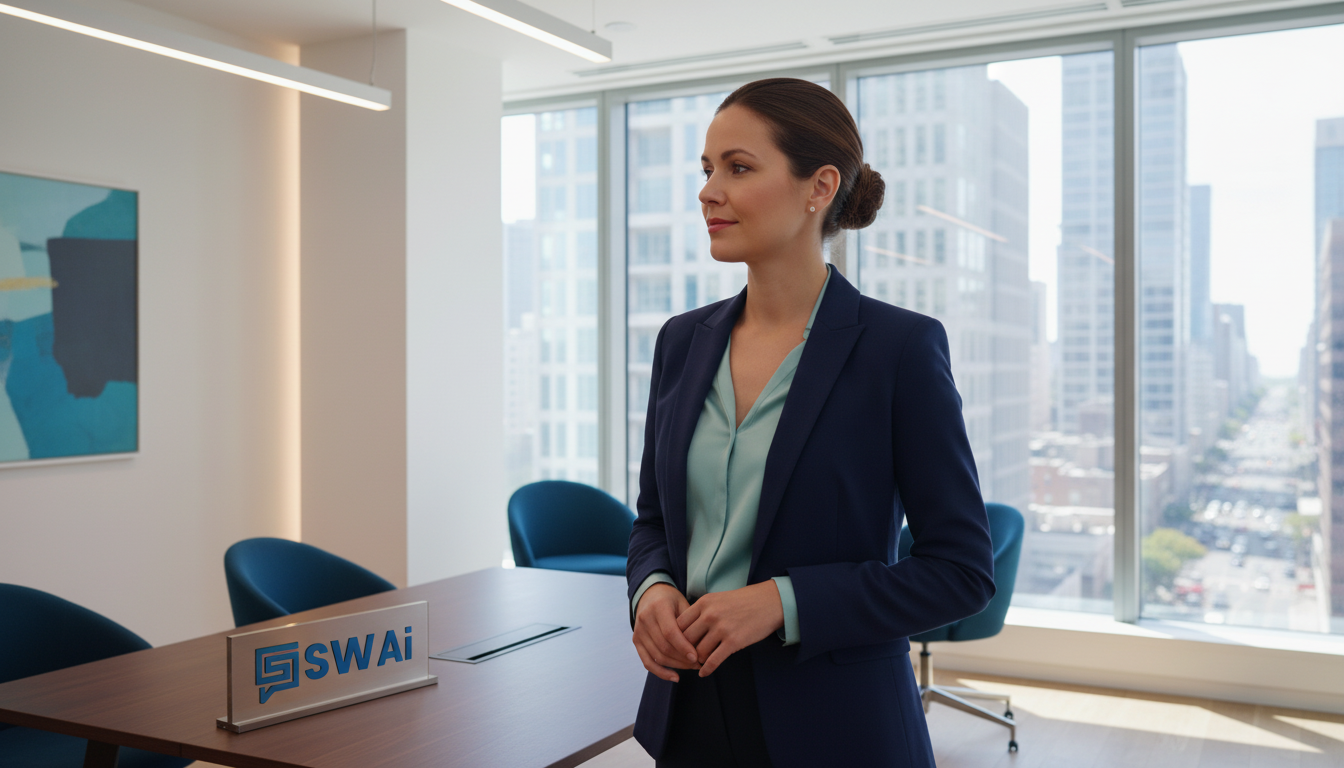 A realistic photograph of a confident and relaxed agency founder standing in a modern, well-lit office, looking out a window at a city skyline. They are not at a computer, but appear to be thinking strategically. The mood is calm, professional, and forward-looking. Aspect ratio: 4:3.